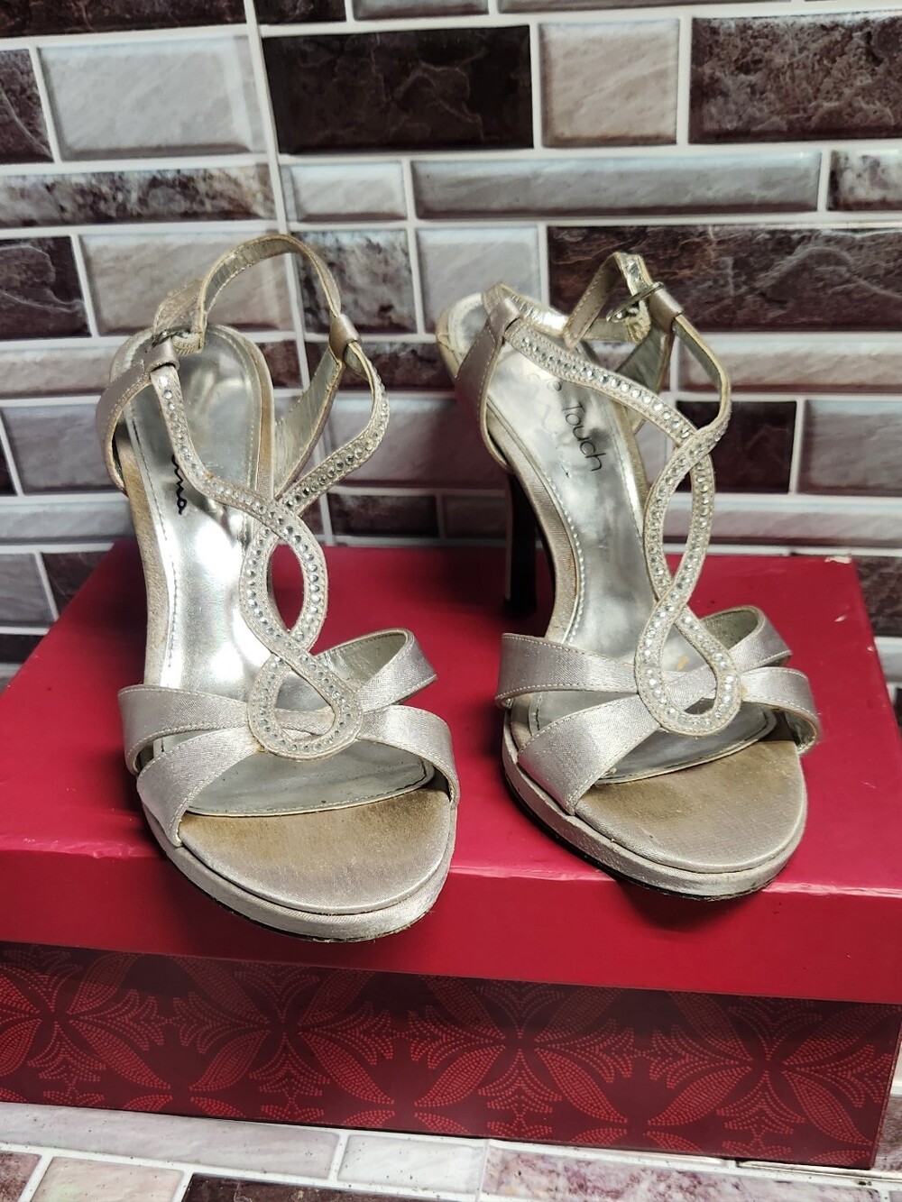 Touch of Nina Gold Crystal-Strap High Heel Sandals